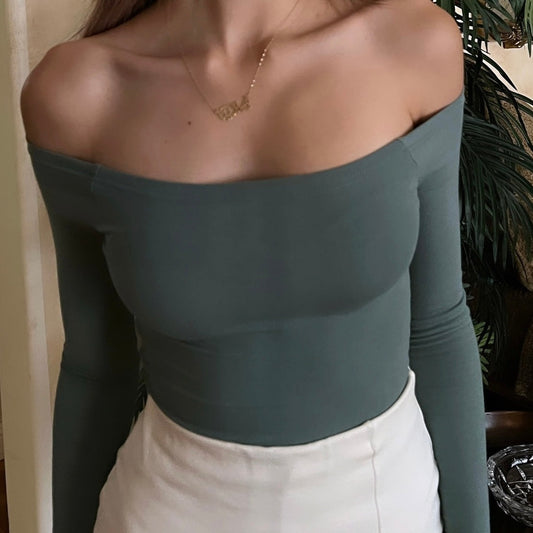 front view of forest green colored off-shoulder top